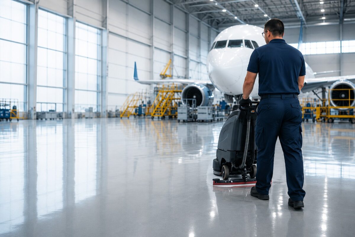 Restoration Hub facility maintenance worker operating a floor scrubber inside a clean modern aircraft hangar with a commercial jet in the background.