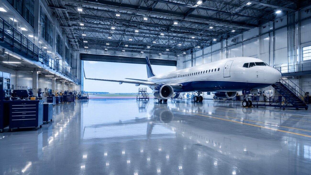 Clean modern aircraft hangar with polished floors, commercial jet maintenance operations, and aviation facility support services by Restoration Hub.