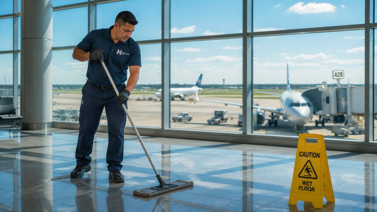 Restoration Hub cleaning crew member mopping floors inside a modern airport terminal with aircraft visible through large runway-facing windows.