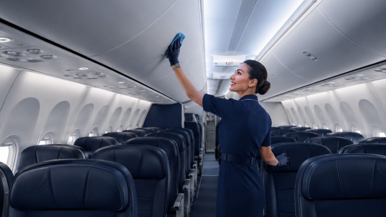 Airline cabin cleaning inside a modern commercial aircraft with navy blue seating.