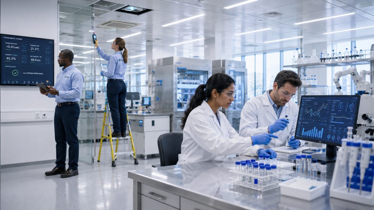 Scientists conduct advanced biotechnology research while Restoration Hub facility engineers perform preventative inspections of HVAC, environmental monitoring, and building systems, supporting uninterrupted laboratory operations, regulatory compliance, and controlled life sciences environments.