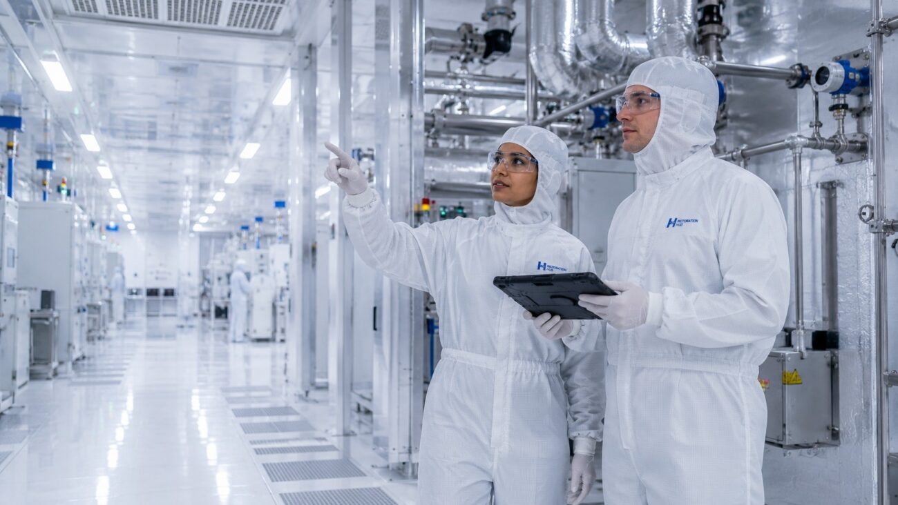 Two Restoration Hub facility engineers perform a preventative inspection inside a state-of-the-art semiconductor cleanroom, reviewing environmental monitoring systems, HVAC infrastructure, utility piping, and cleanroom controls to support continuous semiconductor manufacturing, operational reliability, and mission-critical facility performance.