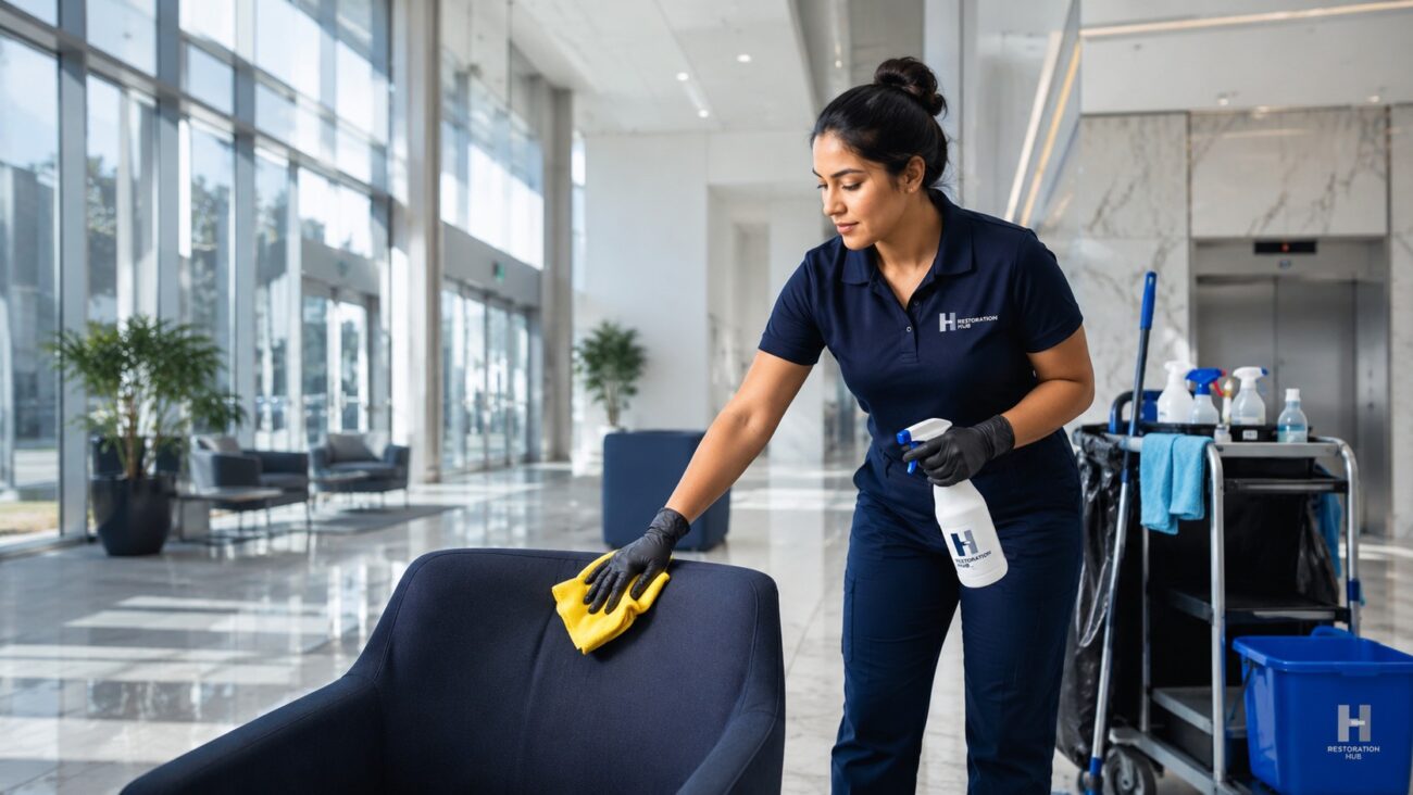Professional commercial cleaning technician disinfecting seating in a busy airport terminal