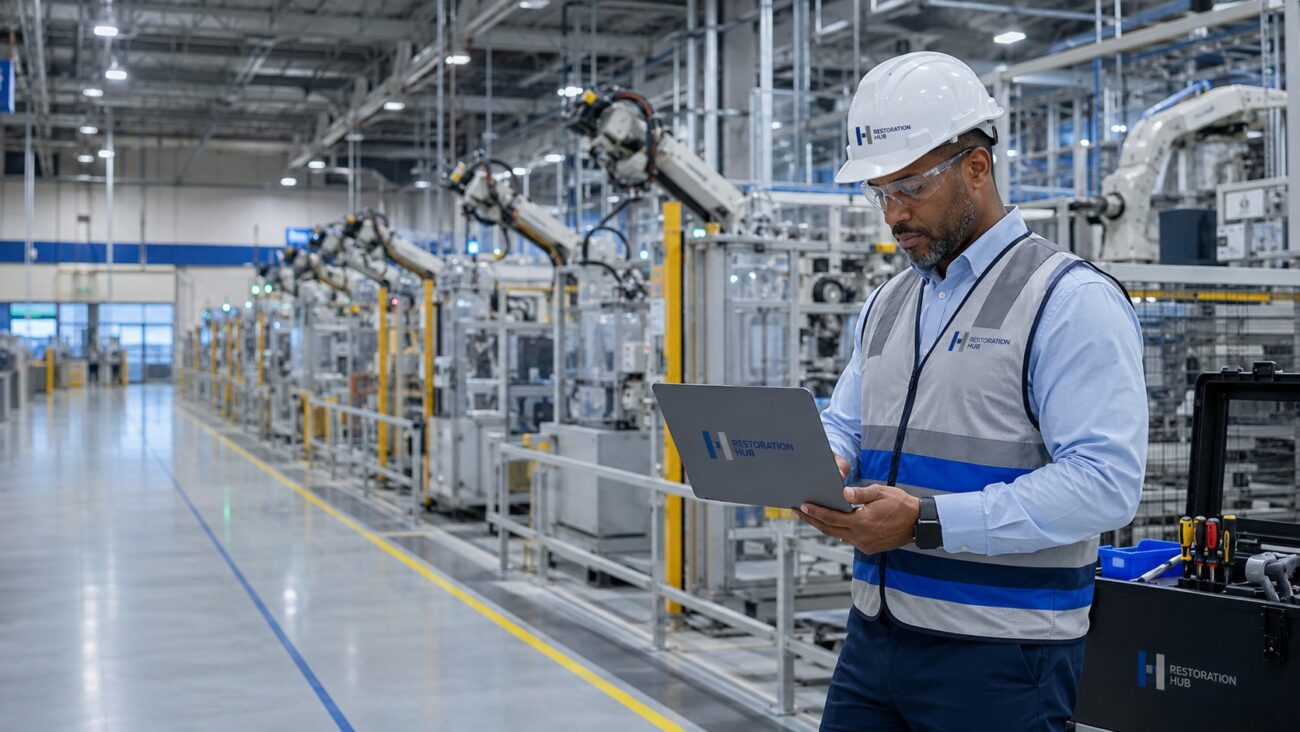 Restoration Hub industrial maintenance technician monitoring automated manufacturing equipment and robotic production systems, supporting preventive maintenance, facility management, and manufacturing operations.