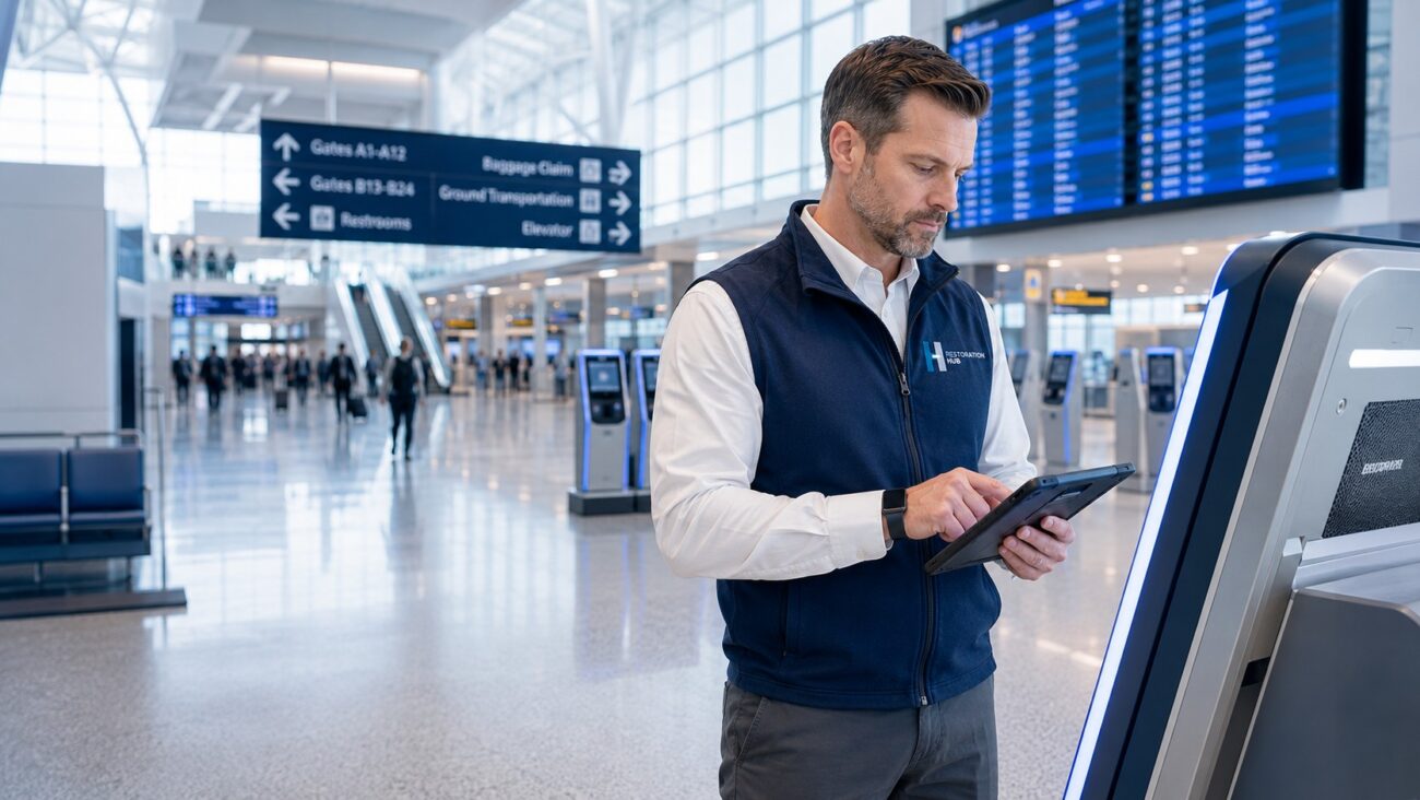 Professional Restoration Hub technician inspecting an airport self-service kiosk in a modern terminal, providing preventive maintenance, facility repairs, and commercial property services.