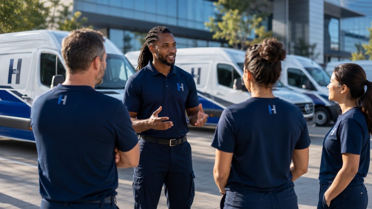 Restoration Hub operations manager leading a morning briefing with facility maintenance technicians before dispatch to commercial properties, supporting preventative maintenance, building engineering, commercial cleaning, and integrated facility services.