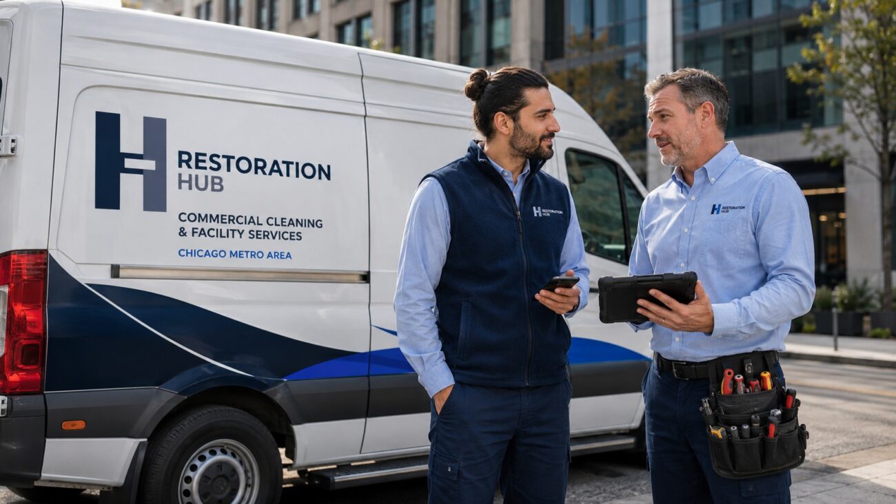 Two Restoration Hub facility maintenance professionals reviewing a preventive maintenance work order beside a branded Mercedes-Benz Sprinter service van outside a modern commercial office building, supporting commercial property maintenance, building engineering, and integrated facility services.