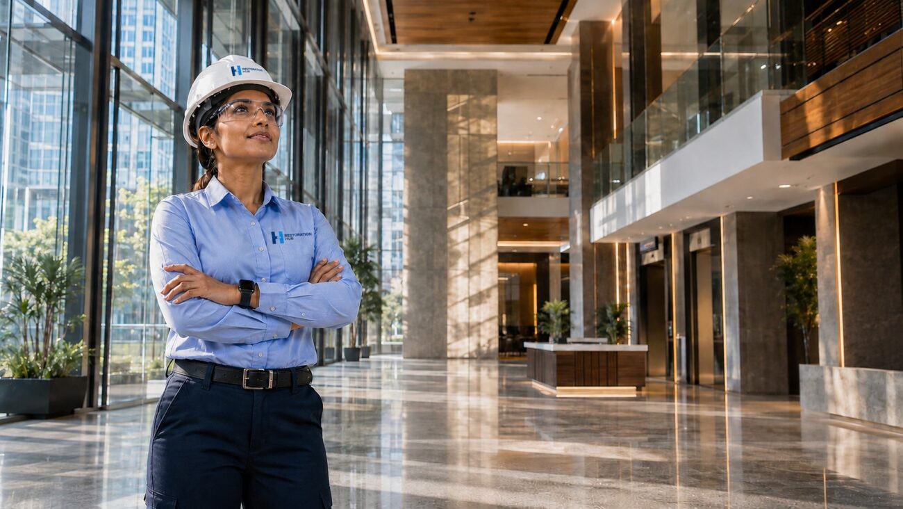 Restoration Hub commercial real estate building engineer conducting a preventative maintenance inspection inside a Class A office building, supporting facility management, building engineering, HVAC systems, mechanical services, electrical infrastructure, and long-term property performance.