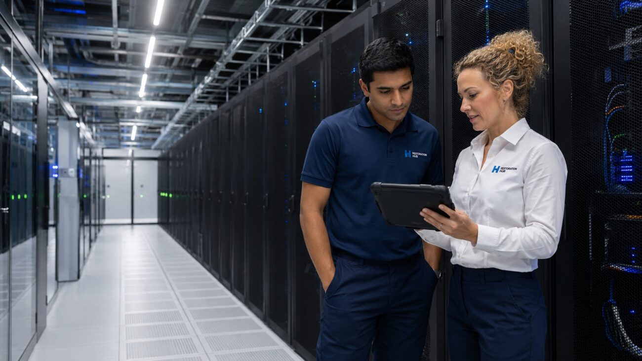 Two Restoration Hub critical facilities engineers reviewing infrastructure performance inside a modern Tier III data center, supporting preventative maintenance, HVAC, electrical systems, and mission-critical facility operations.