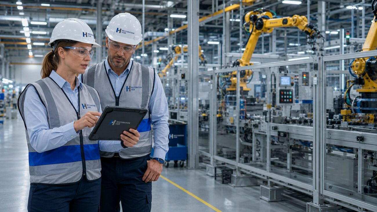 Restoration Hub industrial maintenance technicians collaborating on preventive maintenance using a digital tablet beside automated robotic manufacturing equipment in a modern production facility.