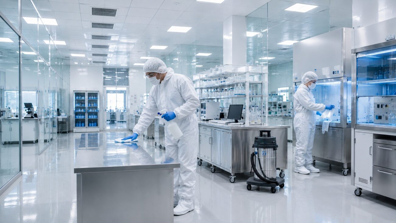 Two life sciences facility technicians wearing full-body protective suits, white bonnets, and face masks professionally disinfect a modern biotechnology laboratory with stainless steel workstations and advanced scientific equipment, supporting cleanroom cleaning, laboratory disinfection, contamination control, and pharmaceutical facility maintenance.