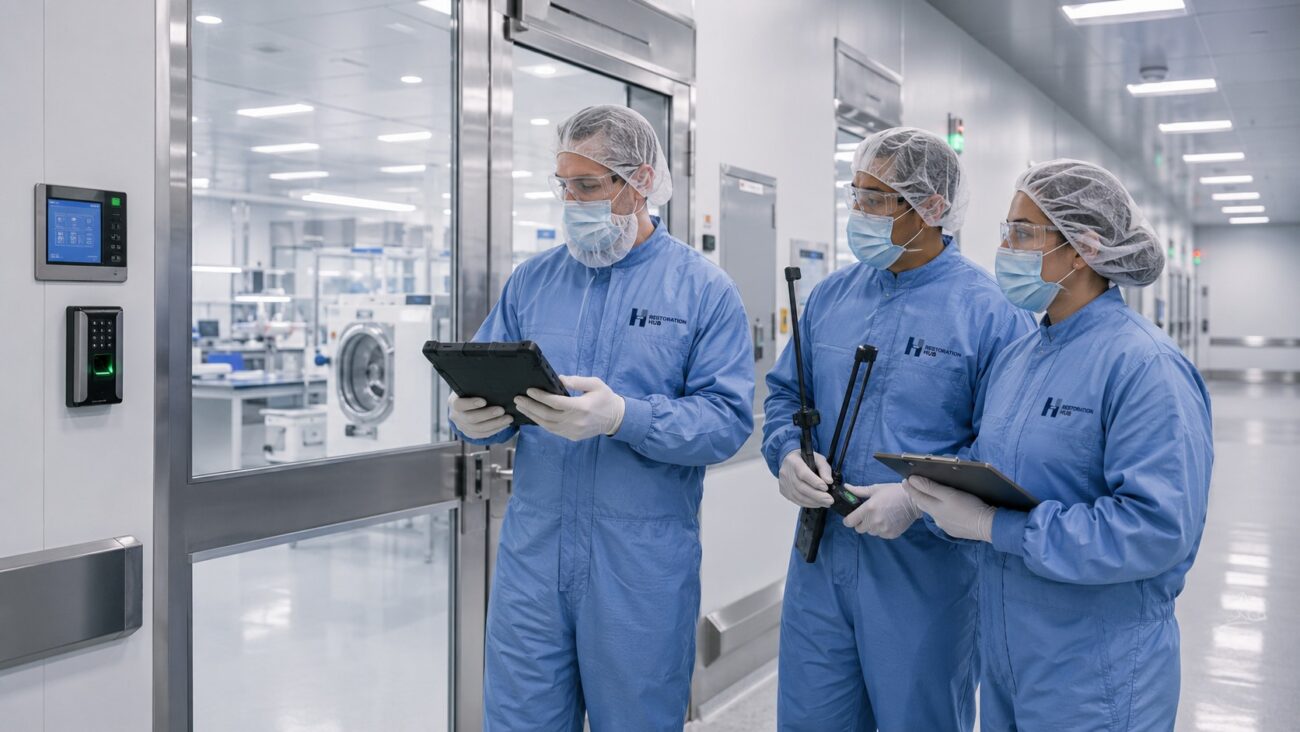 Three Restoration Hub Life Sciences Facility Specialists conduct a controlled environmental inspection outside a pharmaceutical cleanroom, using digital inspection tools to verify environmental conditions and regulatory compliance before entering a GMP-regulated laboratory, supporting contamination control, operational readiness, and uninterrupted life sciences operations.