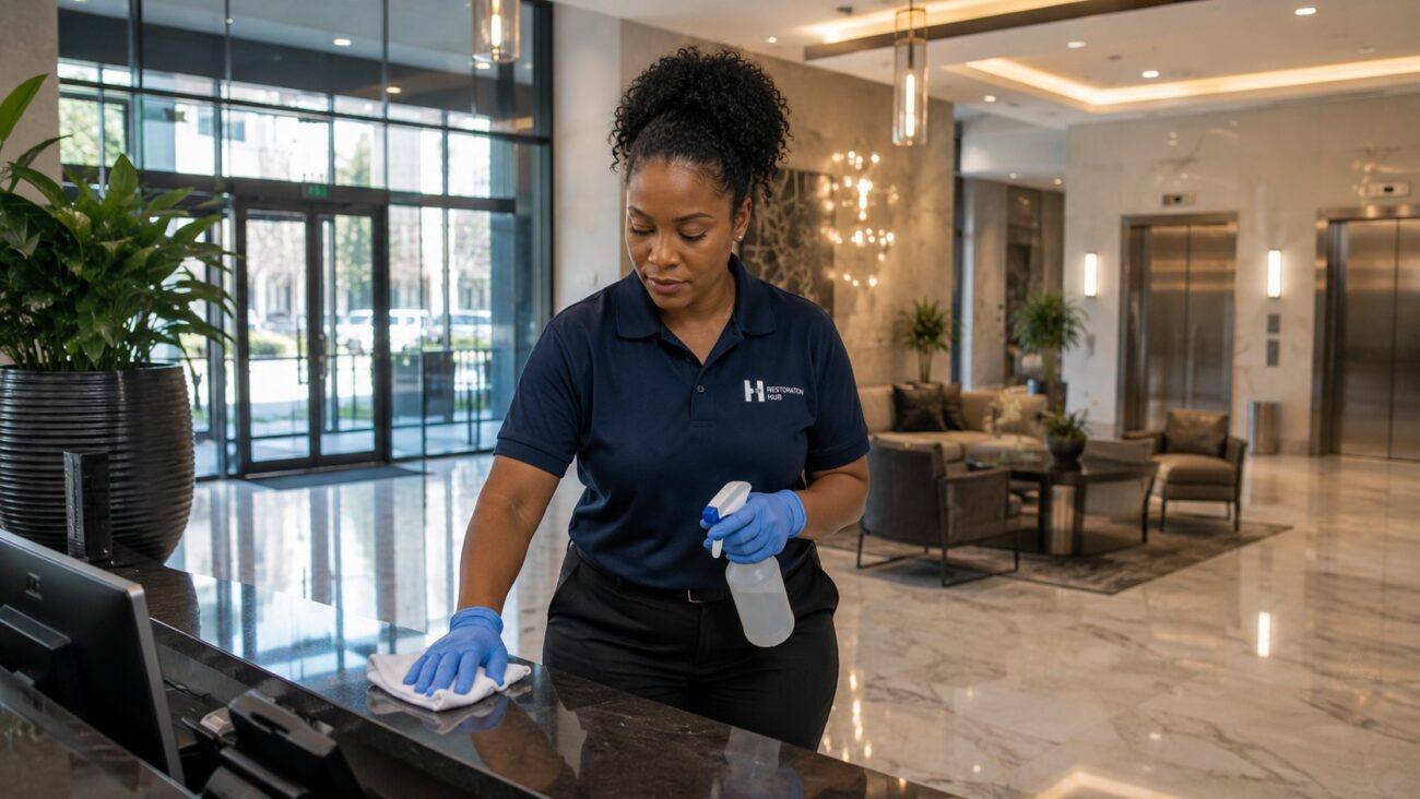 A Restoration Hub Facilities Specialist disinfects high-touch surfaces in a luxury multifamily apartment lobby, including the reception counter, elevator areas, and entrance door handles, helping maintain a clean, healthy, and welcoming environment for residents and visitors through professional common area cleaning services.