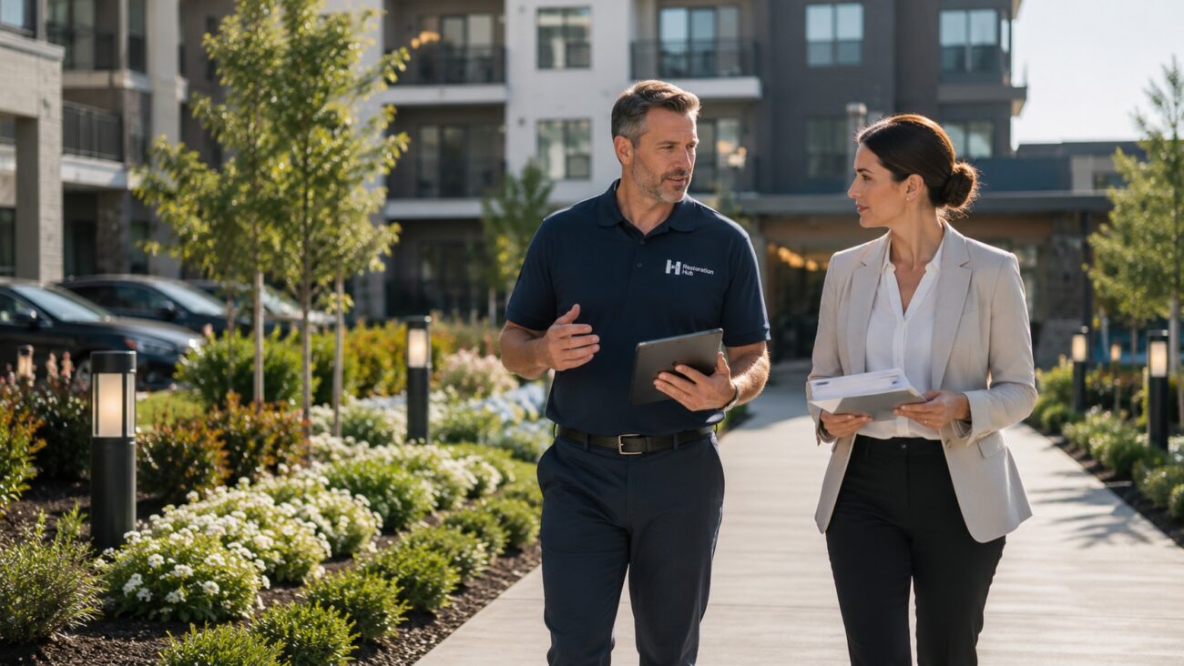 A Restoration Hub Property Maintenance Supervisor walks alongside an apartment property manager during an exterior property inspection at a luxury multifamily community, reviewing landscaping, sidewalks, lighting, and overall property conditions to support preventative maintenance, resident satisfaction, and long-term property performance.
