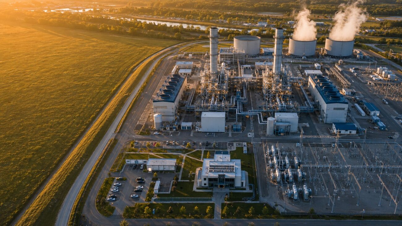 Modern natural gas combined cycle power generation facility with advanced turbine halls, cooling systems, electrical substations, and industrial infrastructure, showcasing Restoration Hub power generation facility maintenance services that support safe, reliable, and uninterrupted critical energy operations.