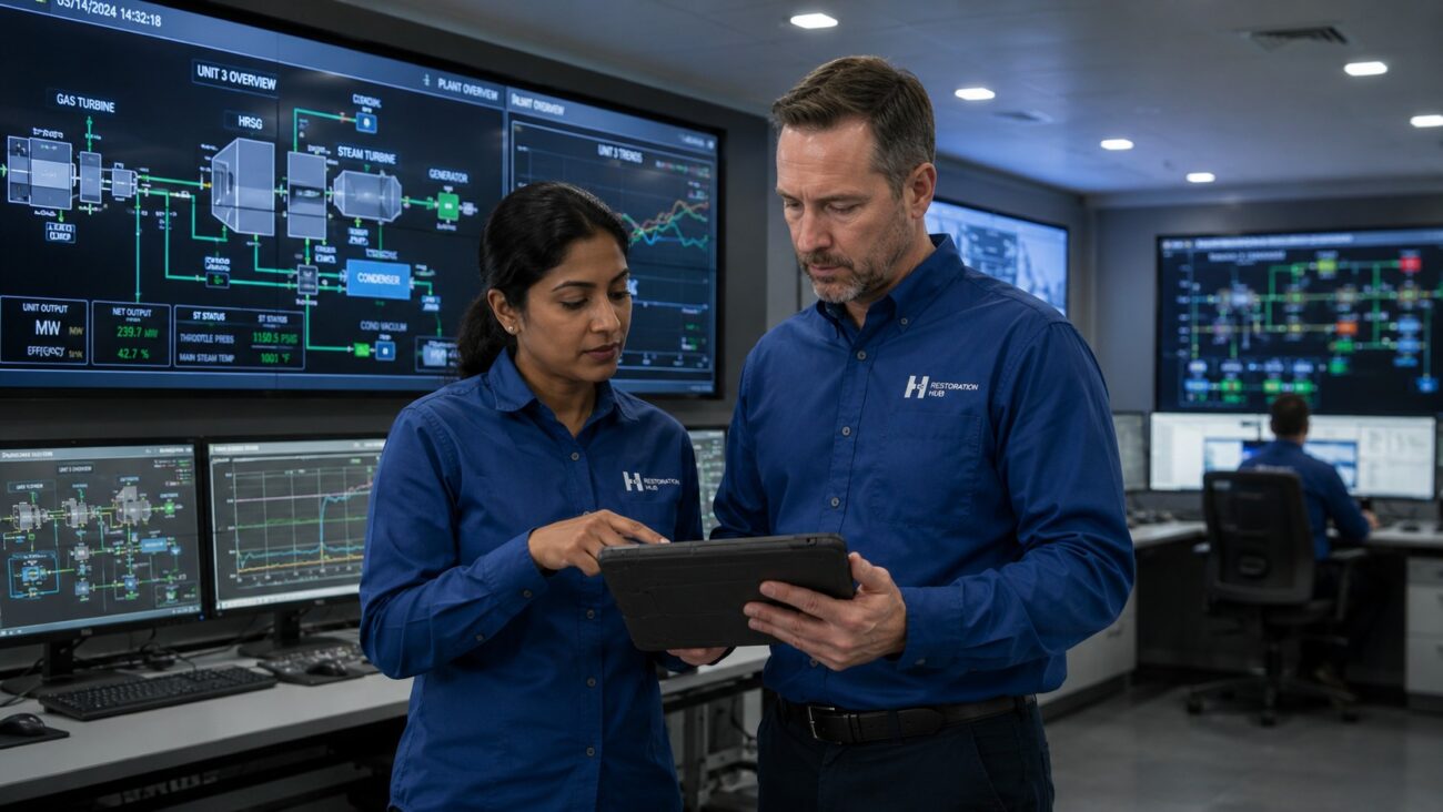 Two Restoration Hub facility engineers review plant performance data on a rugged tablet inside a modern power generation control room, with SCADA monitoring systems, digital control consoles, and real time operational displays supporting safe, reliable, and efficient power plant operations.