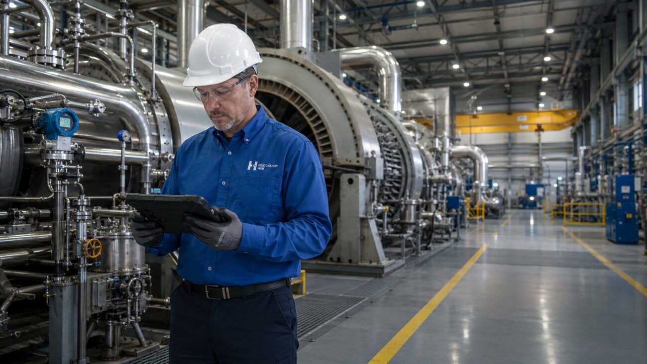 A Restoration Hub Facility Engineer performs a preventative maintenance inspection inside a modern power generation turbine hall, using a rugged tablet to evaluate steam turbines, industrial piping, valves, pumps, and critical equipment that support safe, reliable, and uninterrupted power plant operations.