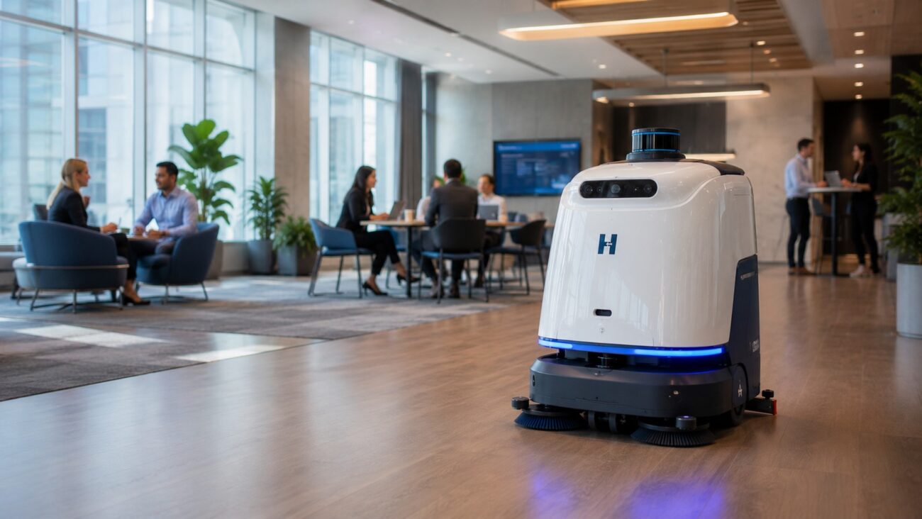 Autonomous floor cleaning robot operating inside a modern Class A commercial office while employees collaborate in the background, showcasing Restoration Hub's smart building technology, commercial cleaning, and facility maintenance solutions.