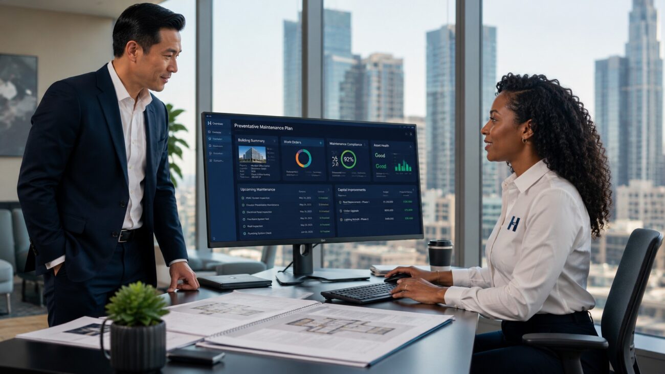 Restoration Hub account manager presenting a preventative maintenance strategy and building performance dashboard to a commercial property owner during a facility management consultation in a modern Class A office building.