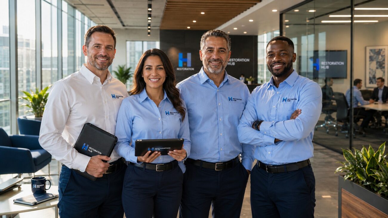 Diverse Restoration Hub facility management team standing inside a modern Class A commercial office building atrium, showcasing expertise in commercial real estate maintenance, preventative maintenance, building engineering, and professional facility services.