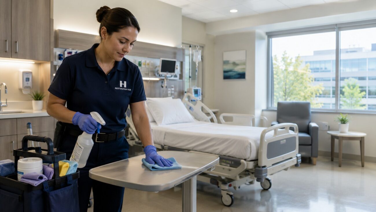 Restoration Hub environmental services technician disinfecting high-touch surfaces in a modern hospital patient room, supporting infection prevention, healthcare facility maintenance, and safe clinical environments.
