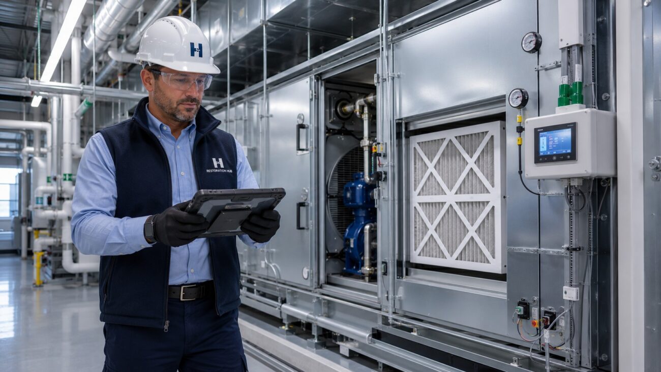 Restoration Hub HVAC engineer performing a preventative maintenance inspection on a hospital air handling unit (AHU), reviewing system diagnostics to support healthcare facility reliability, indoor air quality, and continuous building operations.