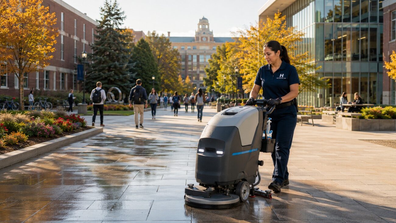Restoration Hub environmental services technician operating a commercial floor scrubber on a modern university campus, maintaining clean walkways and outdoor learning spaces to support safe, welcoming, and well-maintained higher education facilities.