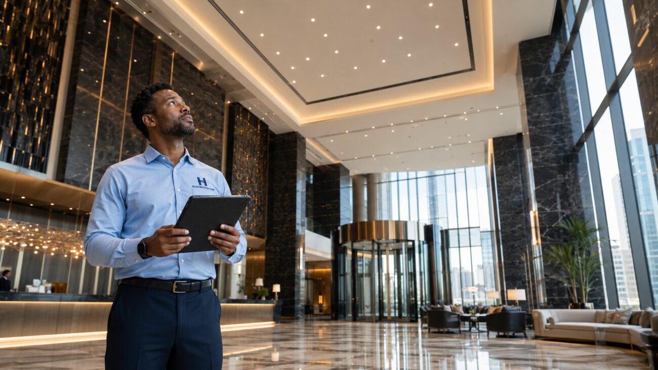 Restoration Hub Facility Operations Manager performing a preventative building inspection inside a luxury hotel lobby, using a tablet to evaluate overhead building systems in a modern five-star hospitality environment with grand architecture, marble flooring, and floor-to-ceiling glass.
