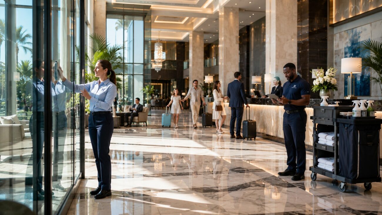 Restoration Hub hospitality cleaning specialists performing final quality inspections and glass cleaning in a luxury hotel lobby while guests check in, relax, and move through a spotless five-star environment, demonstrating how professional commercial cleaning and facility maintenance enhance the overall guest experience.