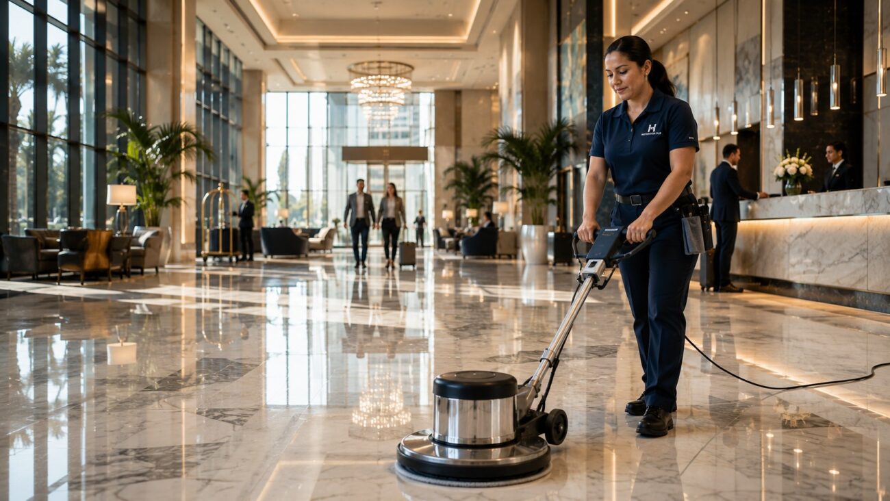Restoration Hub Floor Care Specialist buffing polished marble floors in a luxury five-star hotel lobby, creating a spotless, high-gloss finish while guests enjoy an elegant, impeccably maintained hospitality environment that reflects professional commercial floor care and facility maintenance.