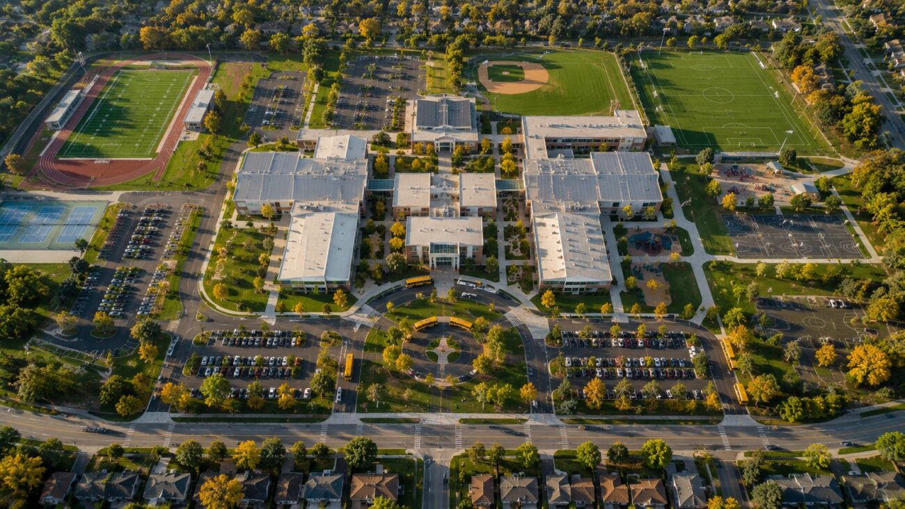 Aerial view of a modern K-12 school campus with academic buildings and athletic fields.