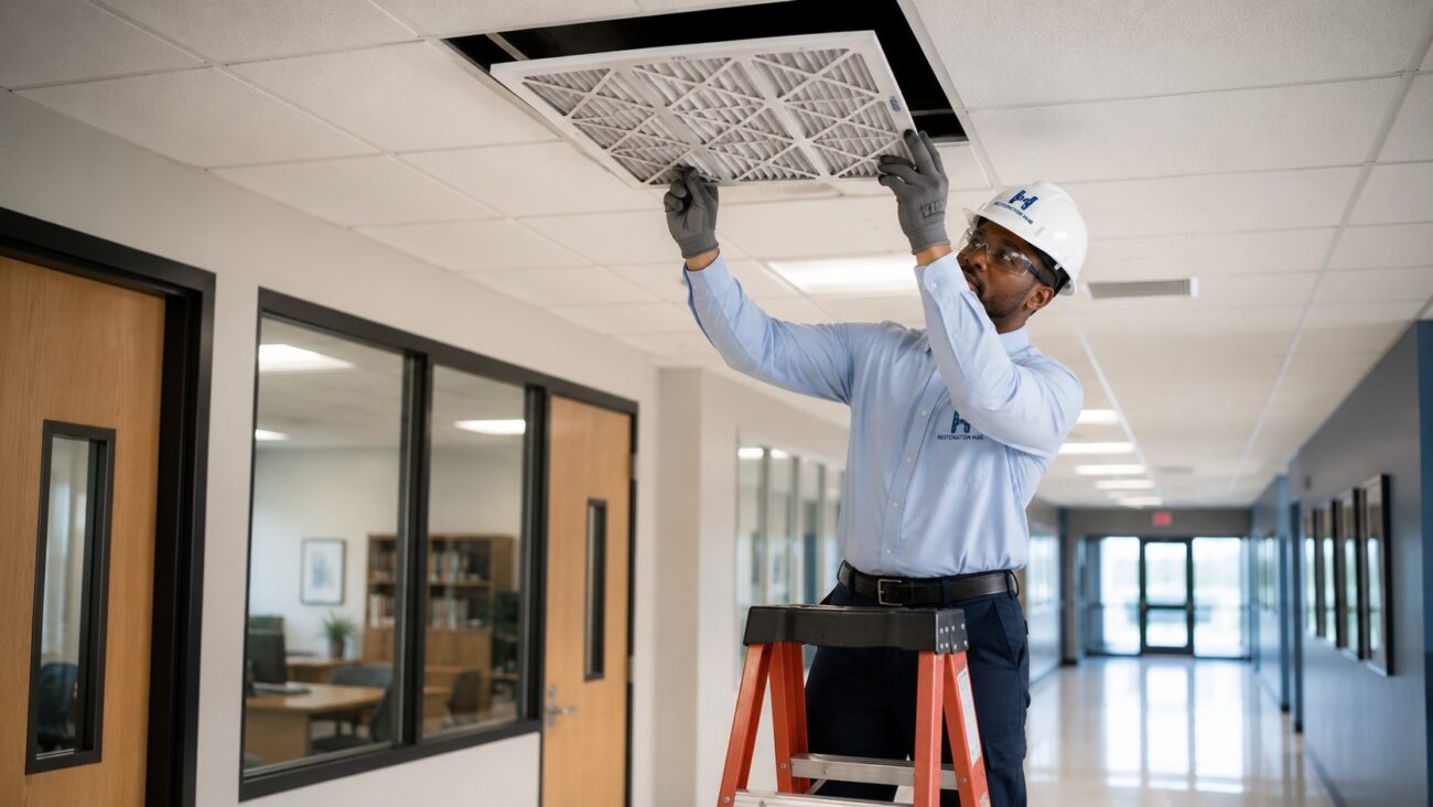 Restoration Hub HVAC technician replacing a ceiling-mounted air filter in a modern K–12 school hallway while performing preventative HVAC maintenance to improve indoor air quality, support healthy learning environments, and ensure reliable building performance.