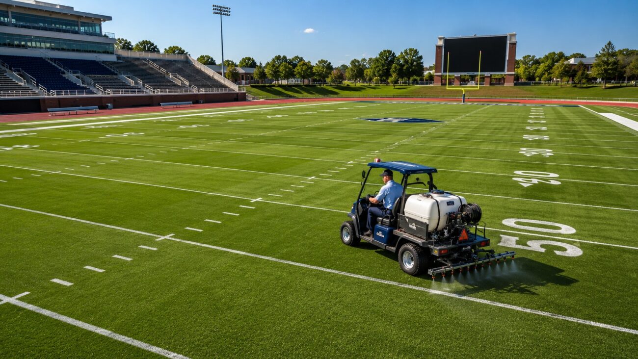 Restoration Hub grounds maintenance specialist operating a commercial turf maintenance vehicle on a championship-quality university football field, maintaining athletic grounds for safe, high-performance collegiate sports facilities.