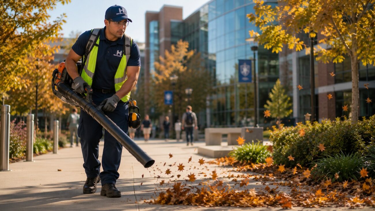 Restoration Hub grounds maintenance technician using a commercial backpack leaf blower to clear autumn leaves from walkways and landscaped areas on a modern university campus, helping maintain a clean, safe, and welcoming environment for students, faculty, and visitors.