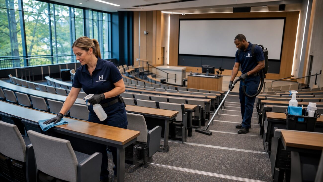 Restoration Hub environmental services team cleaning and disinfecting a modern university lecture hall, maintaining a clean, healthy, and ready-for-learning campus environment.