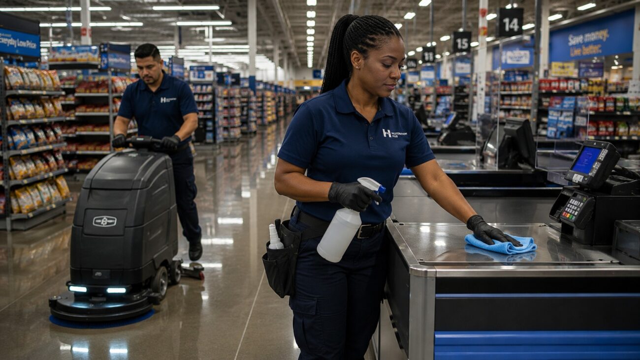 Two Restoration Hub facility specialists perform after hours commercial retail cleaning inside a modern retail store, with one technician operating a commercial floor scrubber while another disinfects checkout counters and high touch surfaces to prepare a clean, safe, and welcoming shopping environment for customers.
