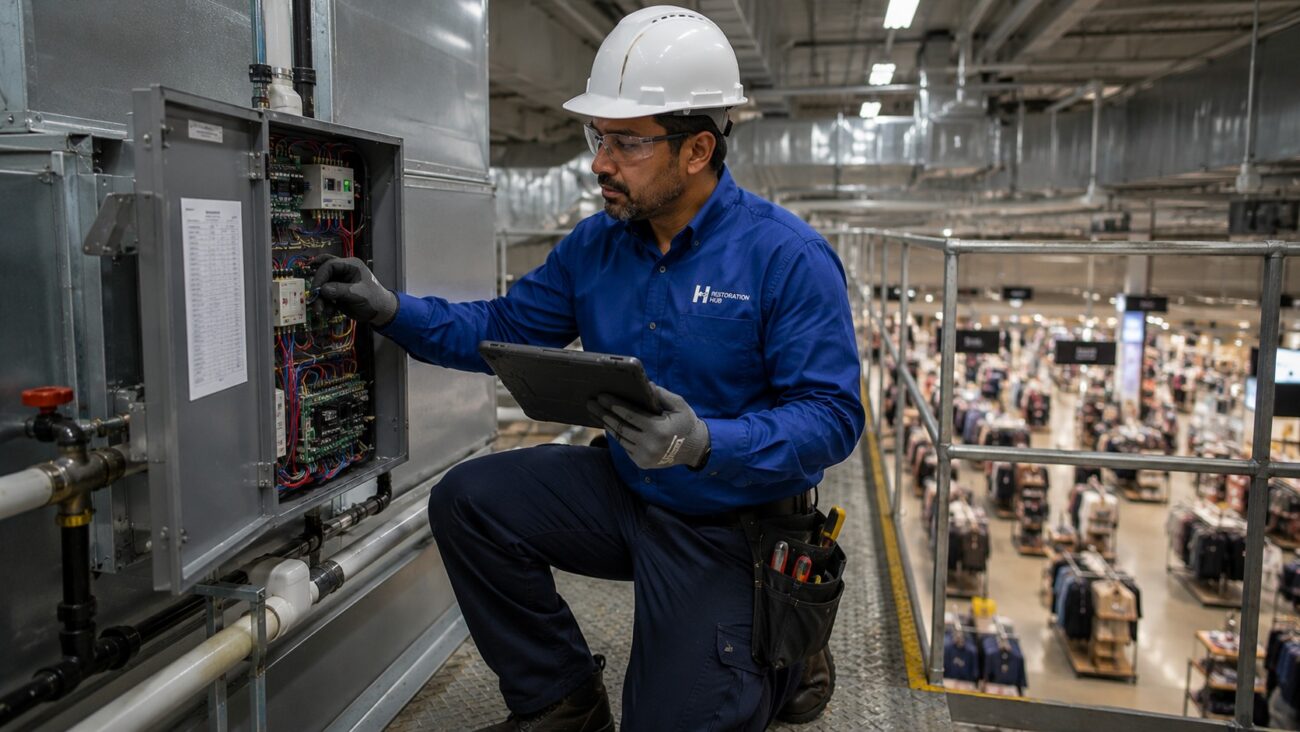A Restoration Hub HVAC engineer performs preventative maintenance above the sales floor of a modern retail store, inspecting HVAC controls and reviewing system diagnostics on a rugged tablet to help ensure reliable climate control, energy efficiency, and uninterrupted store operations.