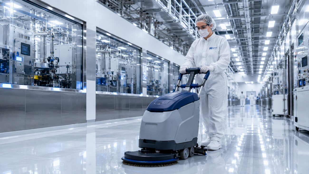 A Restoration Hub cleanroom cleaning specialist operates a professional floor scrubber inside a state-of-the-art semiconductor manufacturing facility, maintaining pristine epoxy floors and contamination-controlled environments that support reliable semiconductor production, cleanroom integrity, and mission-critical facility performance.