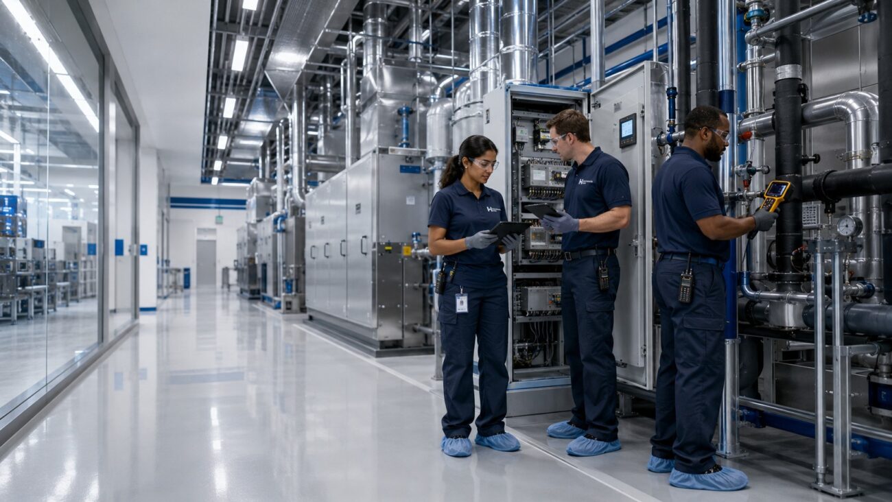 Three Restoration Hub facility engineers collaborate inside a state-of-the-art semiconductor manufacturing facility, inspecting HVAC systems, electrical infrastructure, environmental controls, and mechanical equipment to support reliable cleanroom performance, preventative maintenance, and continuous semiconductor manufacturing operations.