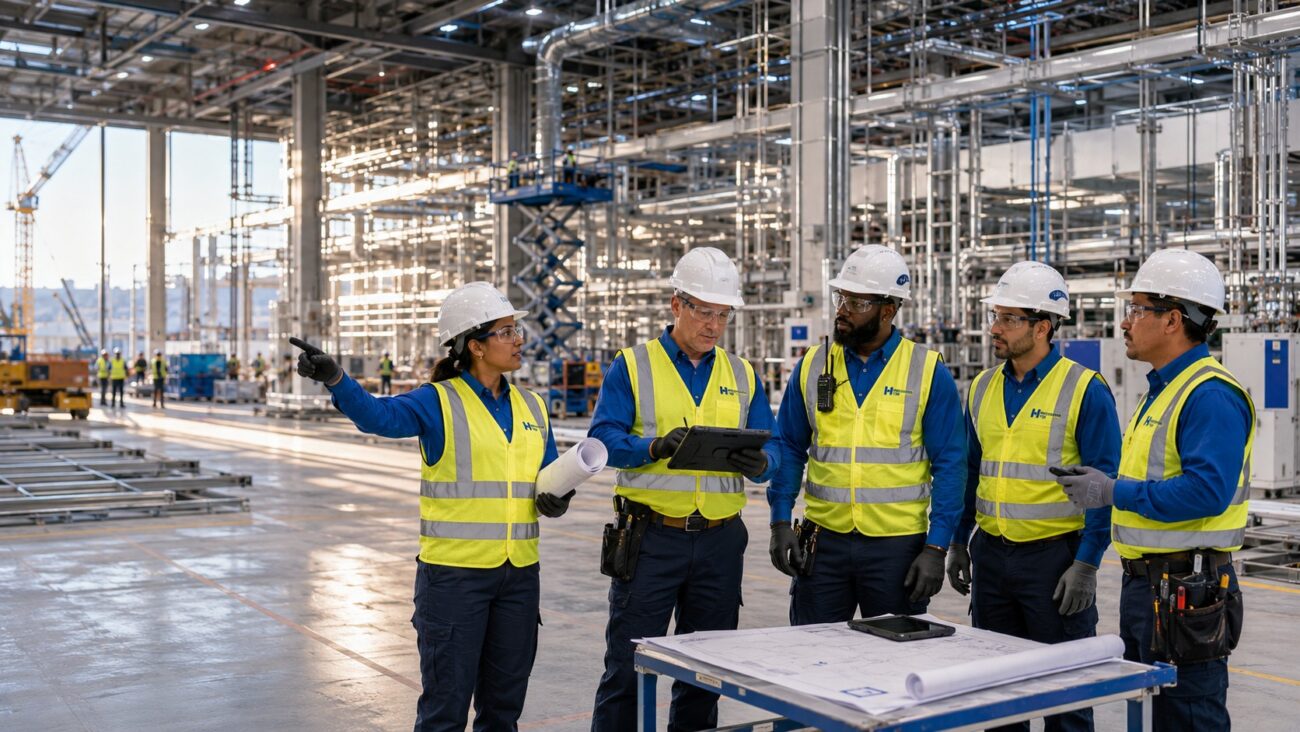Restoration Hub general contracting team leading the construction of a modern semiconductor manufacturing facility, coordinating structural steel, mechanical systems, electrical infrastructure, and cleanroom build-out to deliver mission-critical semiconductor fabrication environments with precision, safety, and engineering excellence.