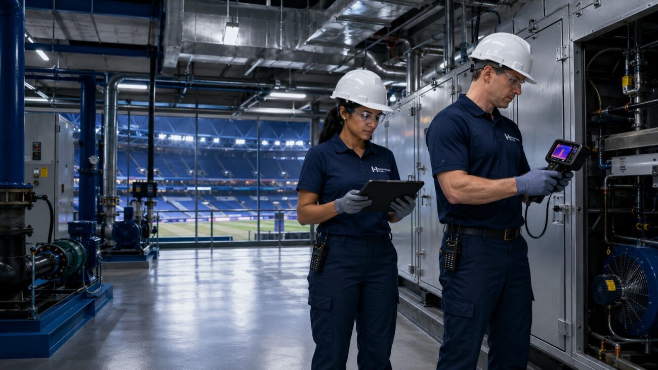 Two Restoration Hub HVAC engineers inspect commercial air handling equipment and mechanical infrastructure inside a modern sports arena, reviewing building automation systems, airflow performance, and HVAC components to ensure reliable climate control, energy efficiency, and uninterrupted comfort for guests during sporting events and live entertainment.