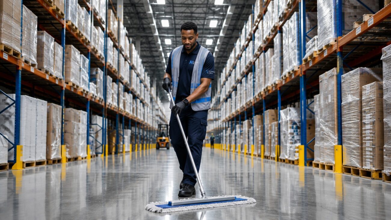 Restoration Hub day porter performing professional floor maintenance inside a modern warehouse and distribution center, supporting commercial cleaning, facility maintenance, warehouse operations, and preventive facility services.