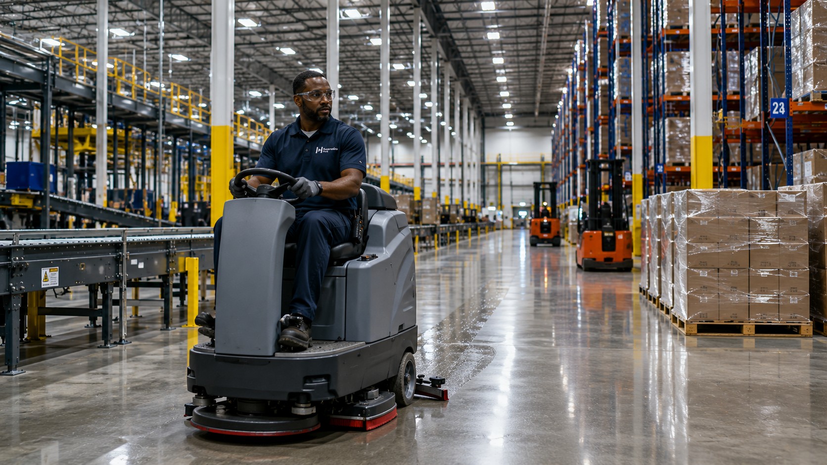 Cleaning technician operating a floor scrubber inside a distribution center.