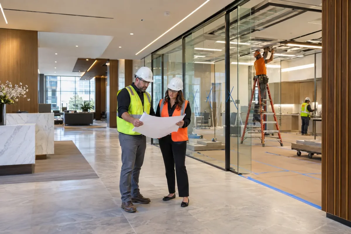 General contractor and property manager reviewing a tenant improvement in an occupied office building.