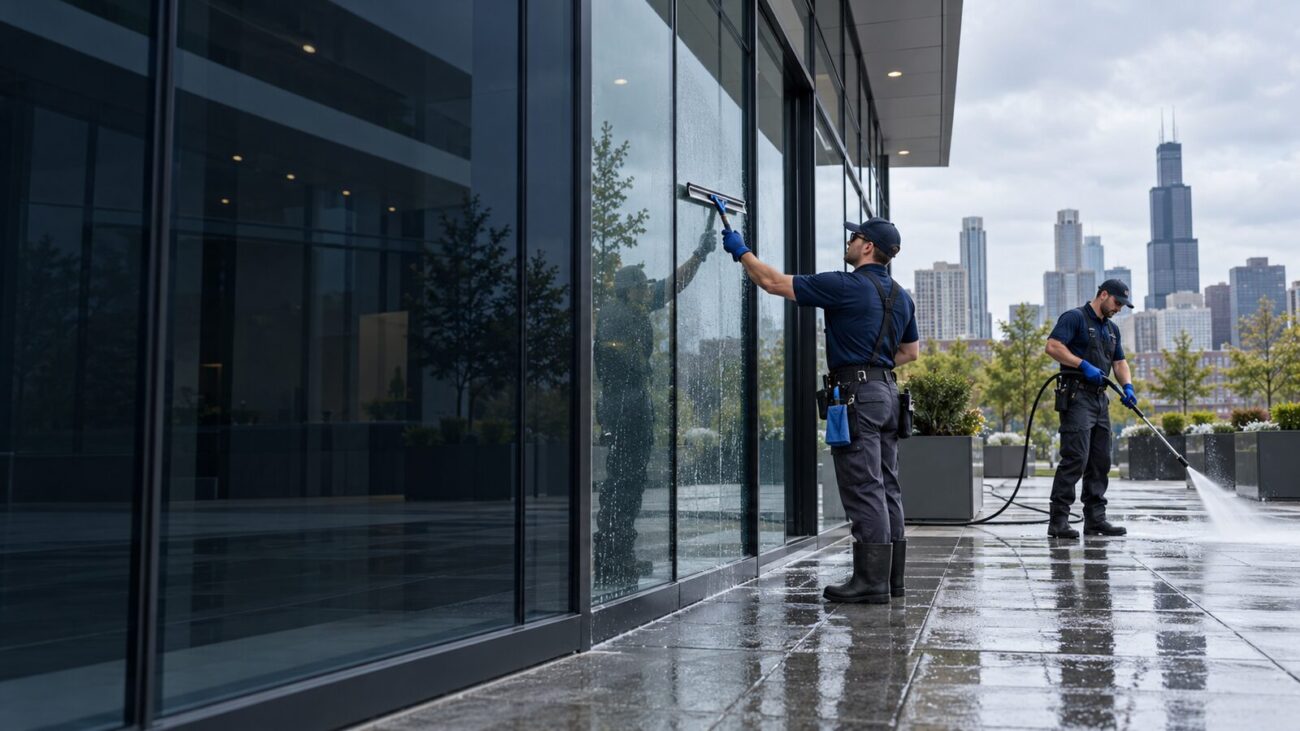 Two technicians cleaning storefront windows and pressure washing an exterior walkway.