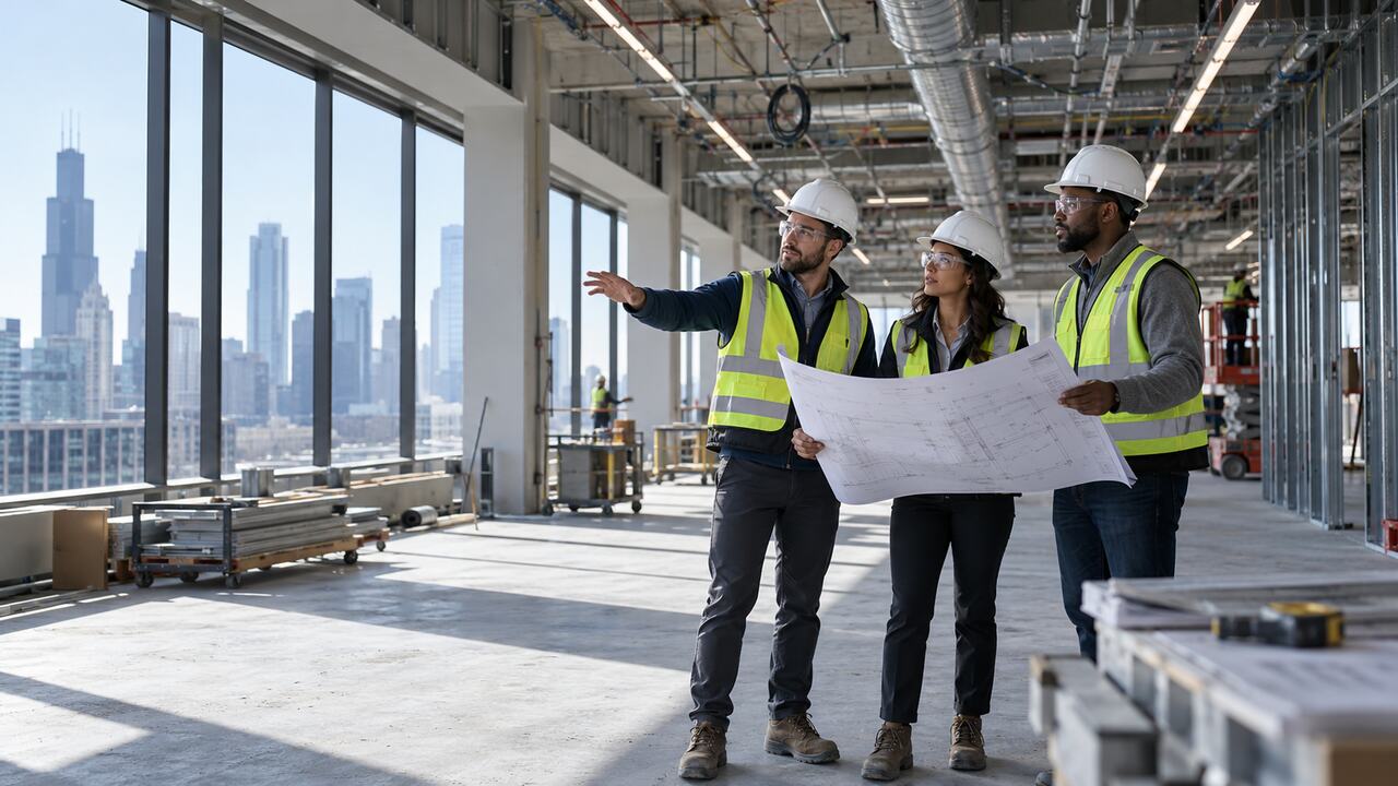 Construction team reviewing plans inside a commercial space under renovation.