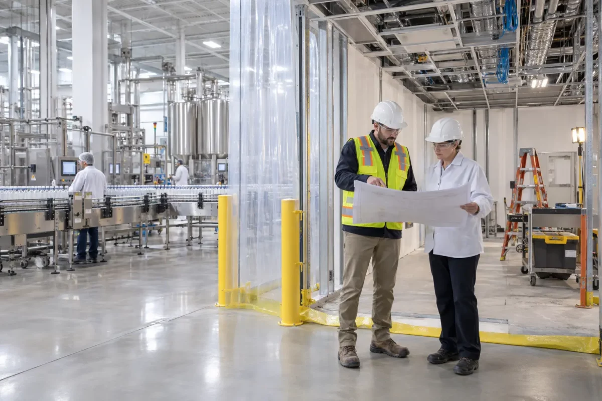 Contractor and facility engineer reviewing a build-out in an active beverage production plant.