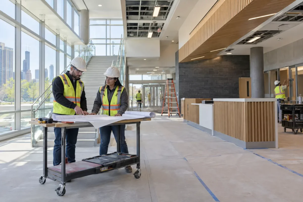 Construction team reviewing a renovation in a modern civic building lobby.