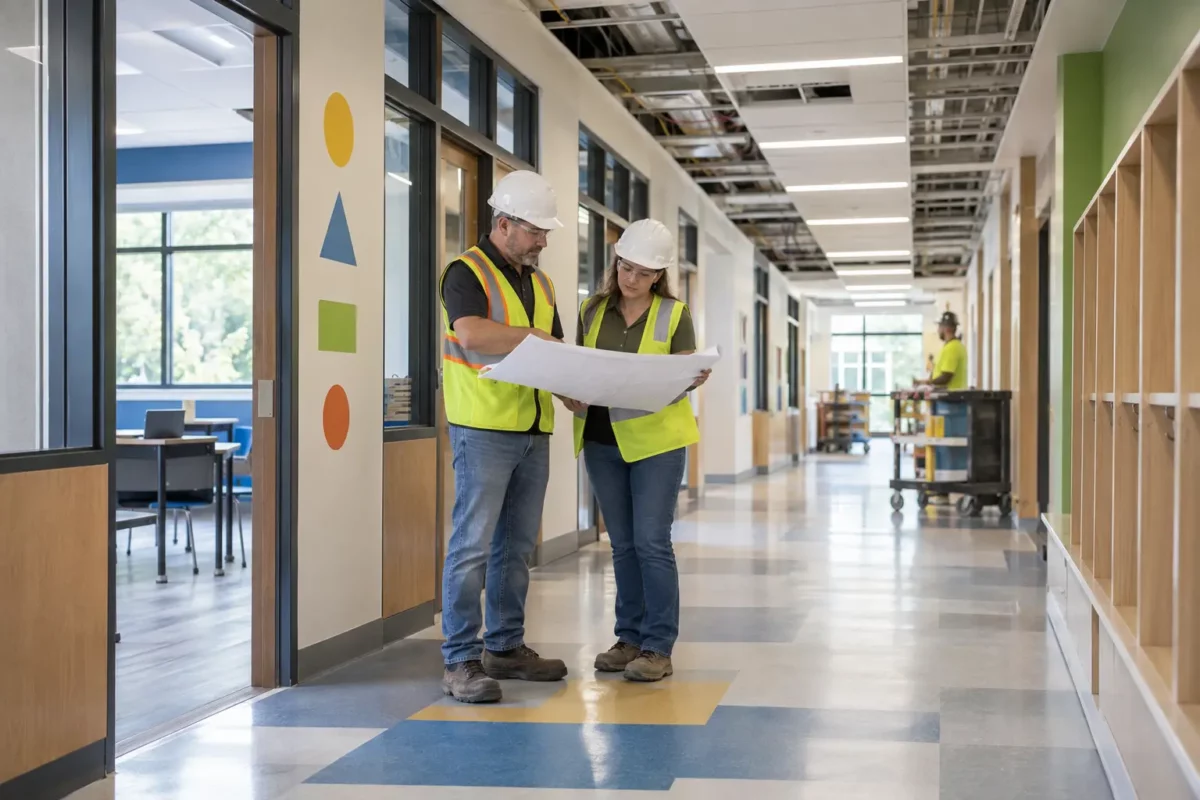 Construction team reviewing a corridor renovation in a modern K-12 school.