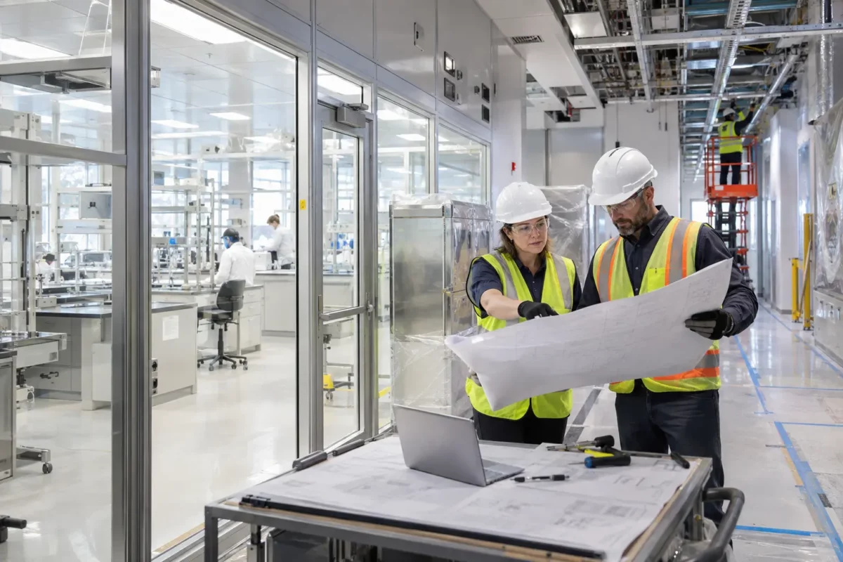 Construction team coordinating a laboratory and cleanroom build-out.